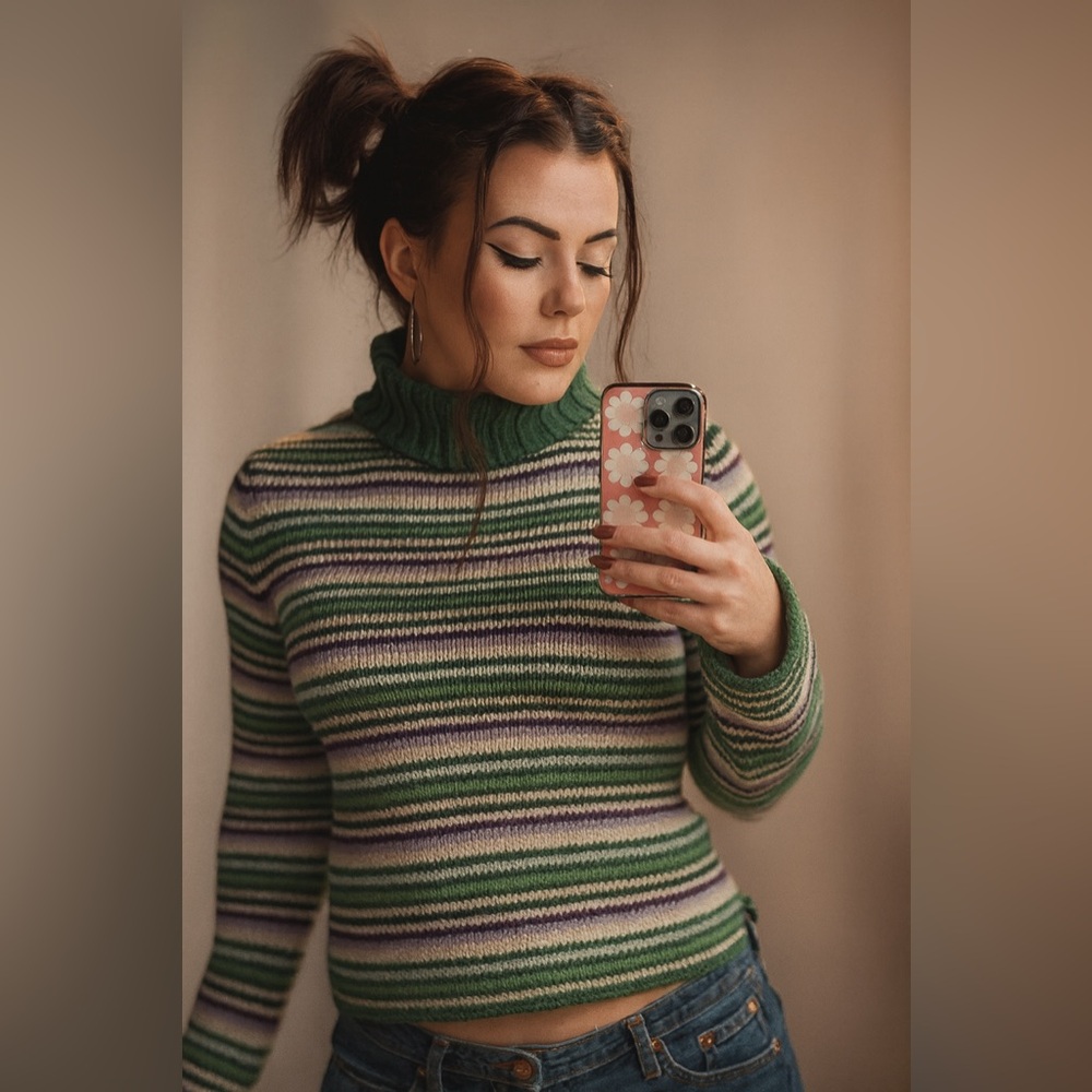 Vintage American Eagle Outfitters Green and Purple Striped Turtleneck Sweater